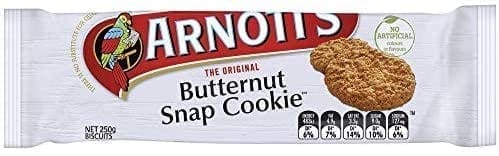 Arnott's Butternut Snap Cookies packet; no artificial flavors/colors; 250g; nutritional info.