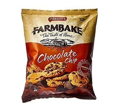 Arnott's Farmbake Chocolate Chip Cookies package with cookies illustration and company logo.