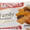 Arnott's Family Assorted package with various cookies, seven favorites displayed on front.
