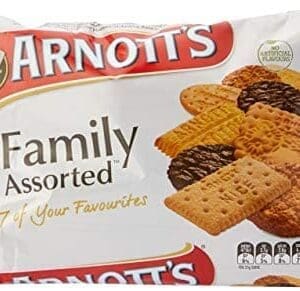 Arnott's Family Assorted package with various cookies, seven favorites displayed on front.