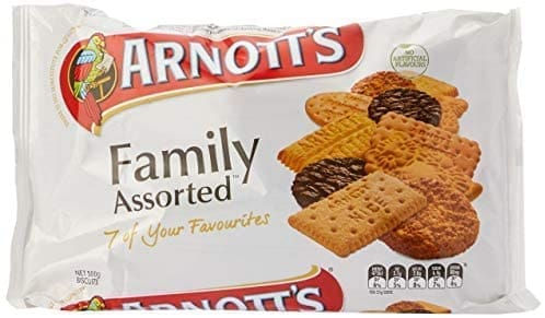 Arnott's Family Assorted package with various cookies, seven favorites displayed on front.