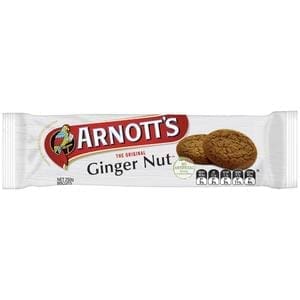 Package of Arnott's Ginger Nut biscuits, white wrapper with red and brown accents.