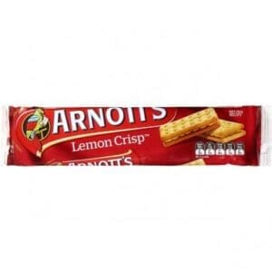 Arnott's Lemon Crisp biscuits package, red with brand and biscuit images.