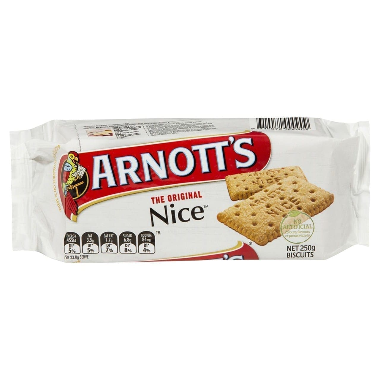 Arnott's Nice biscuits package, 250g, white with red banner, two biscuits pictured.