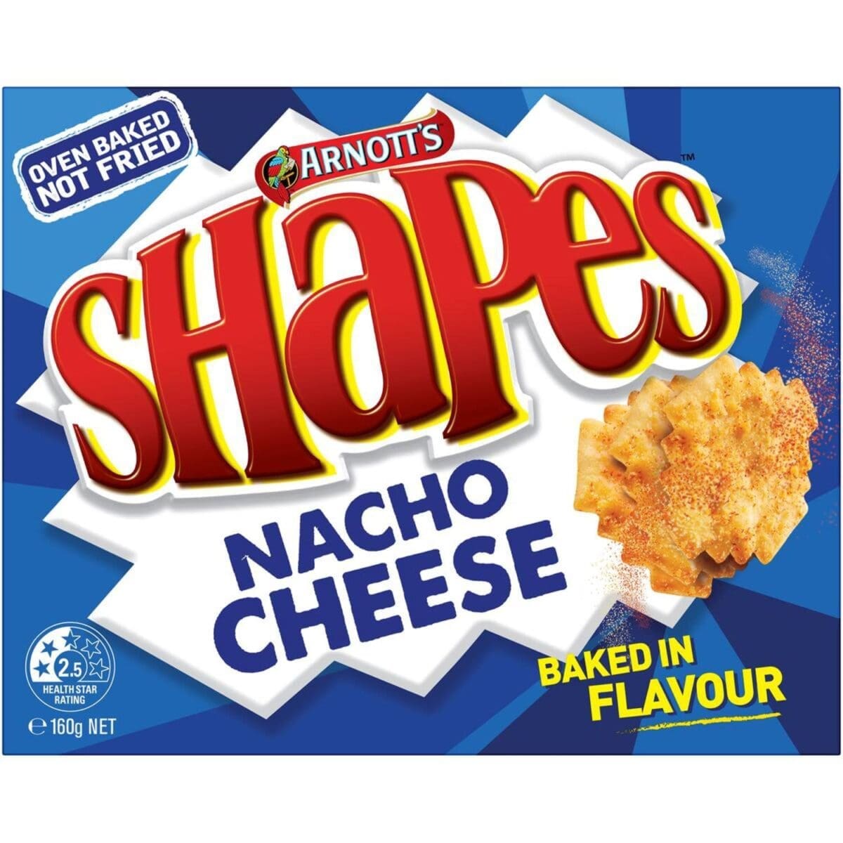 Box of Arnott’s Shapes Nacho Cheese flavor, 160g, baked, 2.5 health stars.
