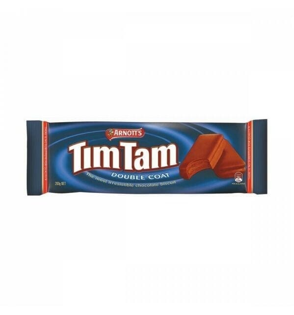 Arnott's Tim Tam Double Coat biscuit package, dark blue with biscuit images and branding.
