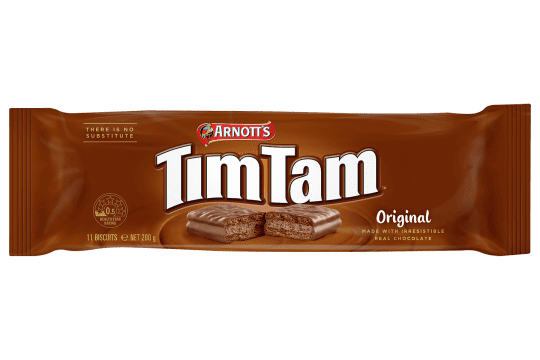 Arnott's Tim Tam Original chocolate biscuits package, brown with biscuit image, 200g.
