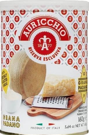 Auricchio Grana Padano cheese canister with grated cheese, logo, and Italian flag, 160g.