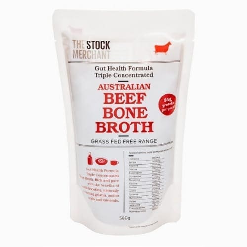 500g package of Australian Beef Bone Broth by The Stock Merchant, gut health, 54g protein.