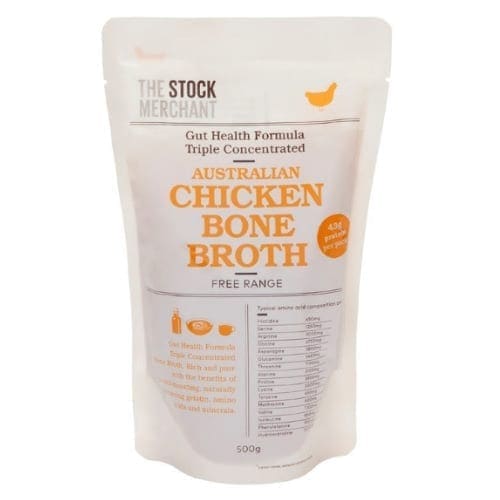 500g package of free-range Australian Chicken Bone Broth, 40% protein, gut health formula.