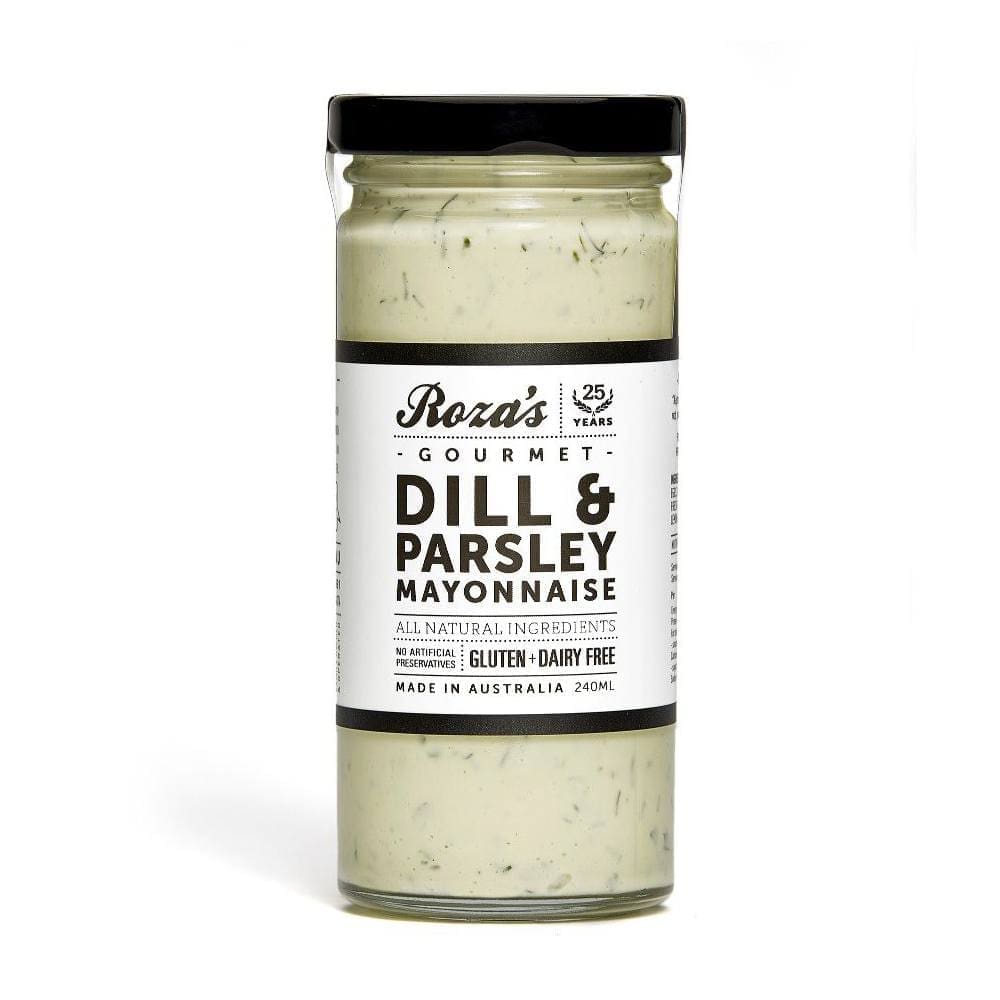 Jar of Australian-made dill and parsley mayonnaise, 240ml, gluten and dairy free.