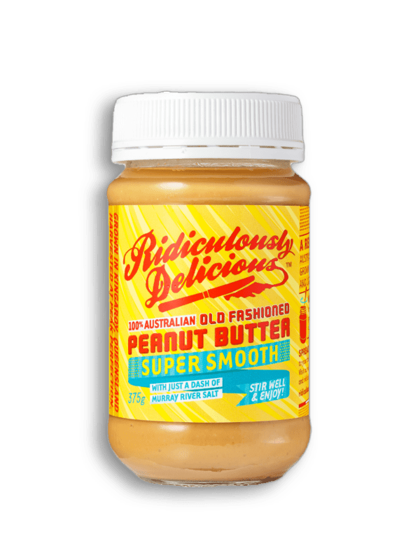 Jar of Ridiculously Delicious 100% Australian peanut butter, super smooth, 375g, Murray River salt.