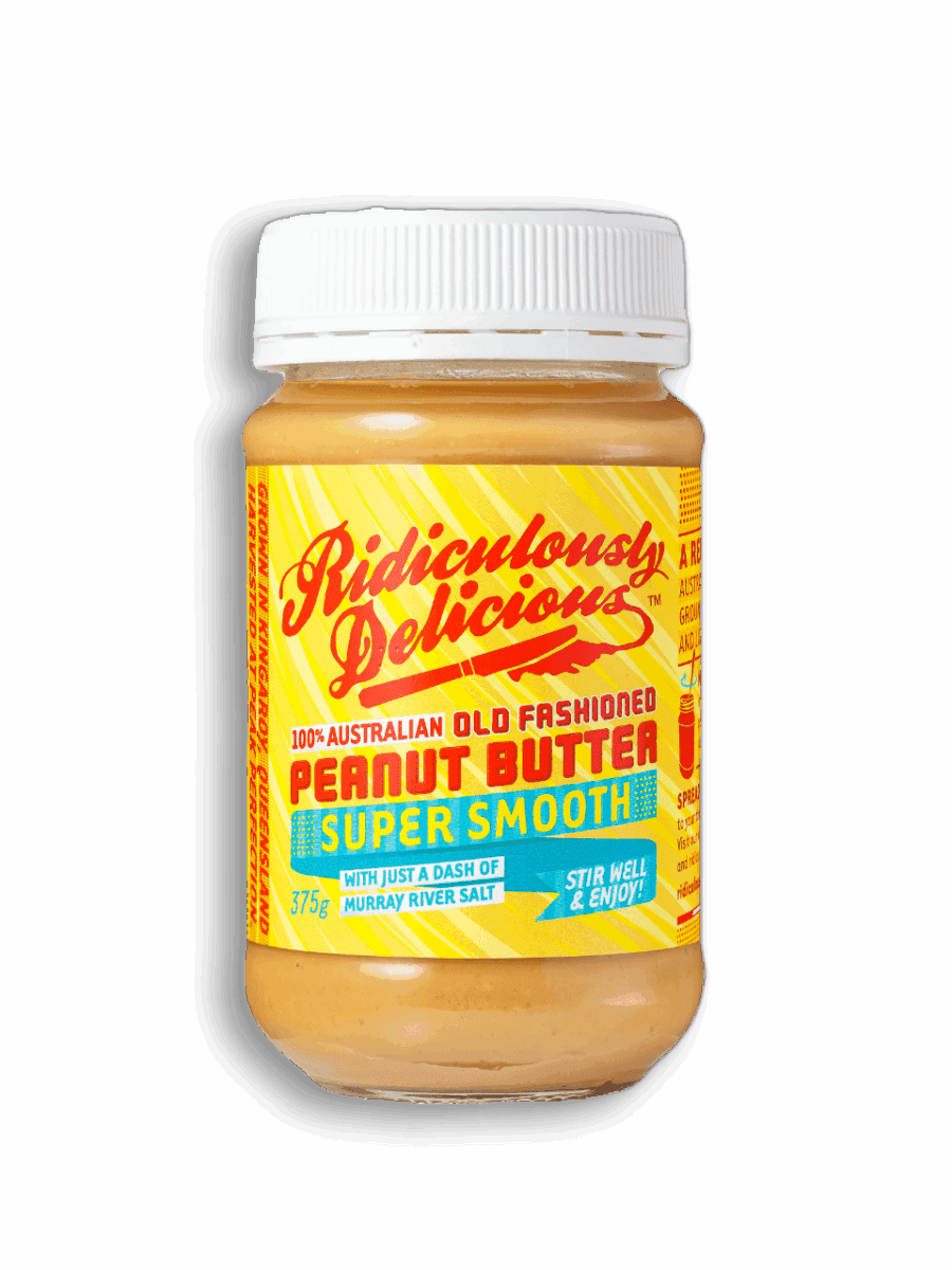 Jar of Ridiculously Delicious 100% Australian peanut butter, super smooth, 375g, Murray River salt.