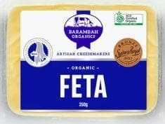 Barambah Organics 250g organic feta cheese, with certifications and awards displayed.