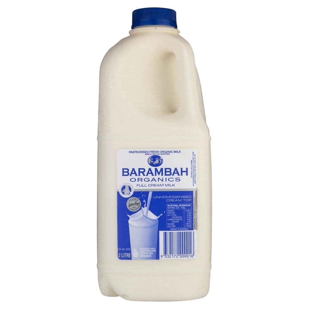 Barambah Organics 2L full cream milk bottle with blue and white label, unhomogenised cream top.