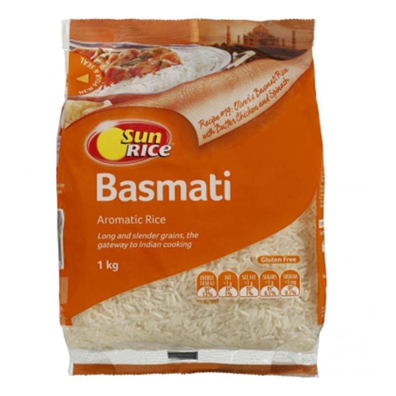 SunRice Basmati Aromatic Rice in 1 kg orange gluten-free package, ideal for Indian cooking.