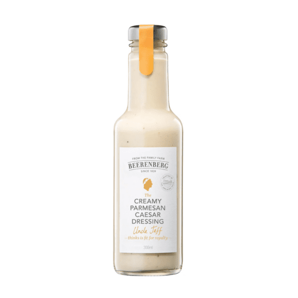 Beerenberg Creamy Parmesan Caesar Dressing, 300ml glass bottle with label and white cap.