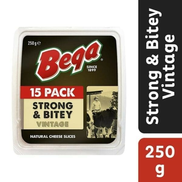 Bega cheese 15-pack, Strong & Bitey vintage, 250g, with logo and farmer image.