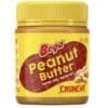 Yellow jar of Bega Peanut Butter, crunchy, with peanuts and text "Never Oily, Never Dry".