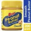 Jar of smooth Bega Peanut Butter, yellow label, 200g, text "Never Oily, Never Dry."
