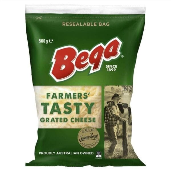 Green package of Bega Farmers' Tasty Grated Cheese, 500g, resealable, Sydney Royal endorsed.