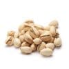 Pile of unshelled beige pistachios on white background, some partially open.