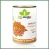 Can of Bioitalia organic lentils with lentil images and Italian product text on the label.