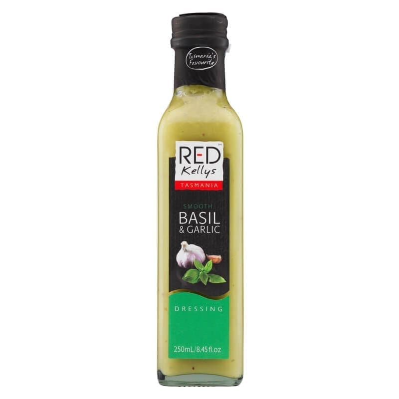 Bottle of 250ml Red Kellys Tasmania Smooth Basil & Garlic Dressing showing label imagery.