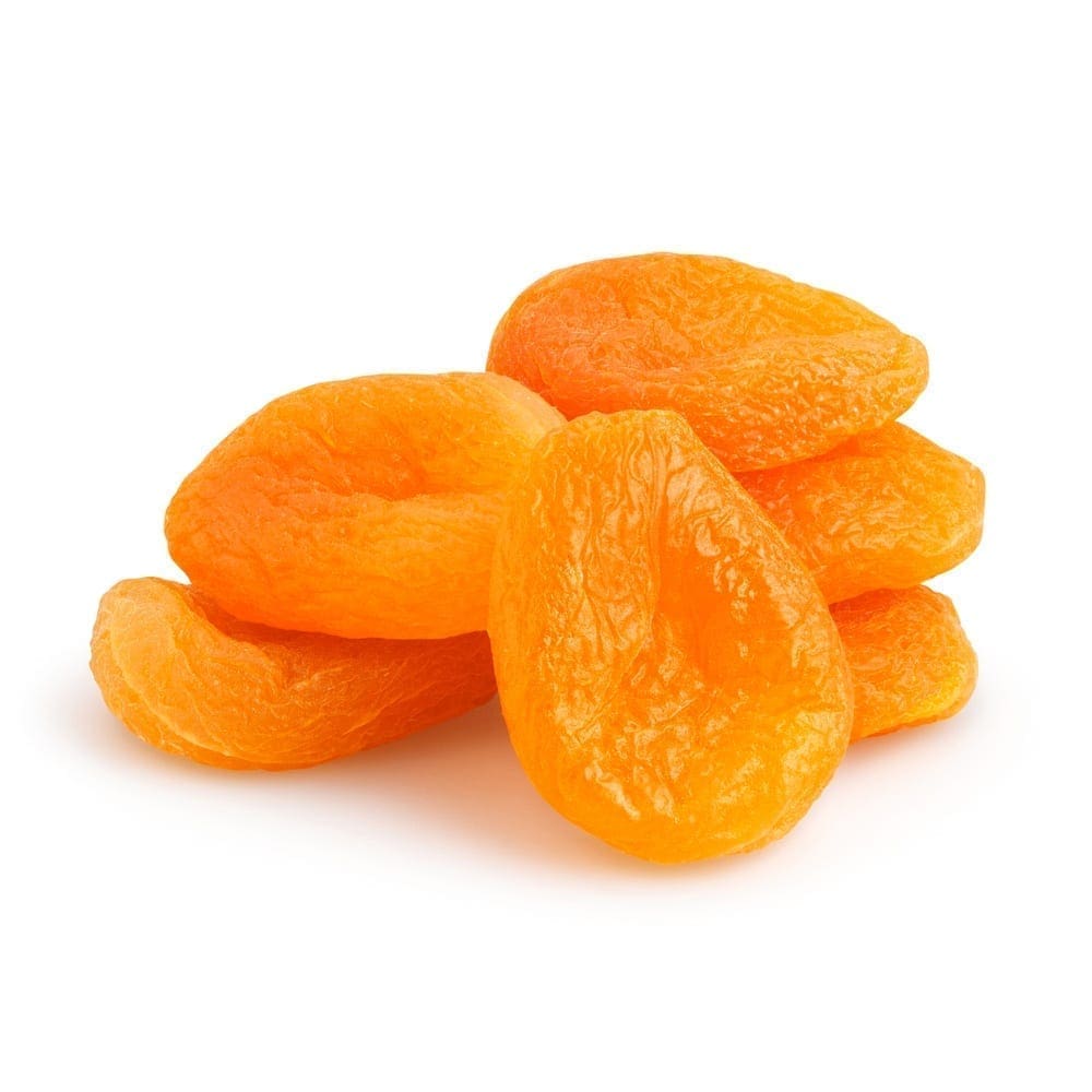 Small pile of bright orange dried apricots on a plain white background.