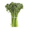 Bundle of broccolini tied with white string, slender stalks and florets at the top.