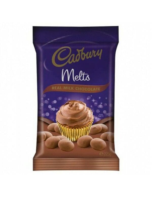 Cadbury Melts package with chocolate cupcake and chocolates, 225g, purple design.