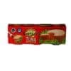 Pack of canned tuna with a red label, showing tuna slices on lettuce, brand details visible.