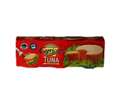 Pack of canned tuna with a red label, showing tuna slices on lettuce, brand details visible.
