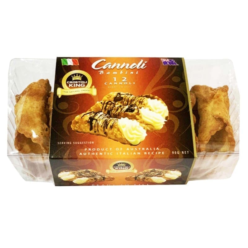 Packaged "Cannoli Bambini" by Crostoli King, product of Australia, 90g, Italian recipe.