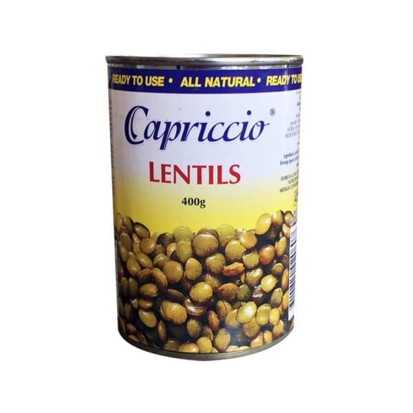 Capriccio lentils can, all-natural, 400g, with lentil image on lower design.
