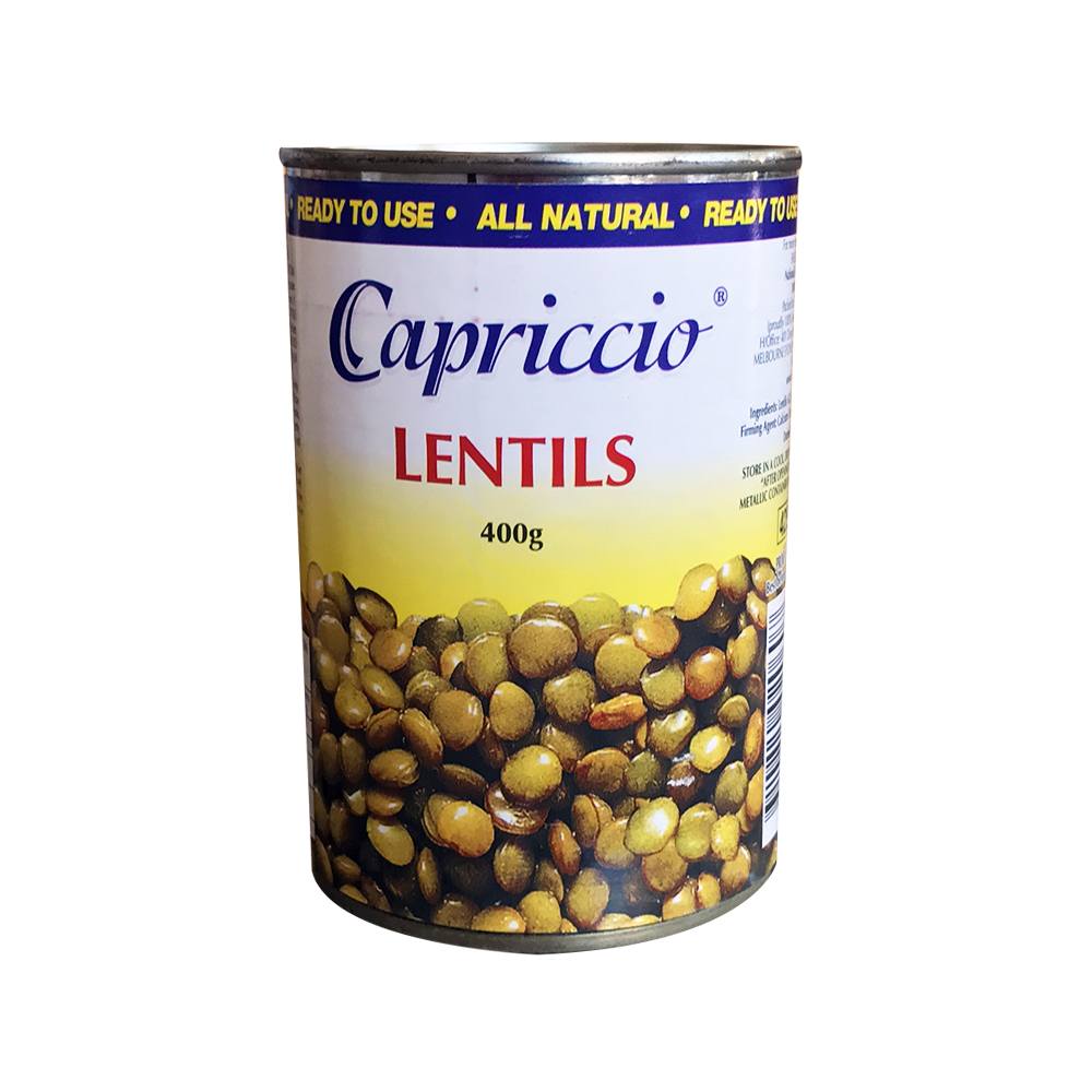 Capriccio lentils can, all-natural, 400g, with lentil image on lower design.