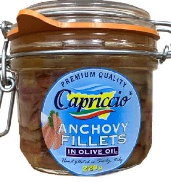 Glass jar with Capriccio anchovy fillets in olive oil, 220g, hand-filleted in Sicily, Italy.