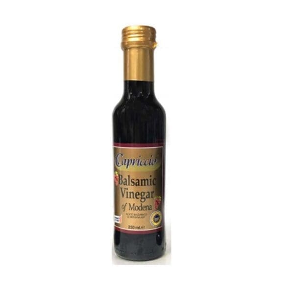 Bottle of Capriccio Balsamic Vinegar of Modena, 250ml, with a gold and burgundy label.