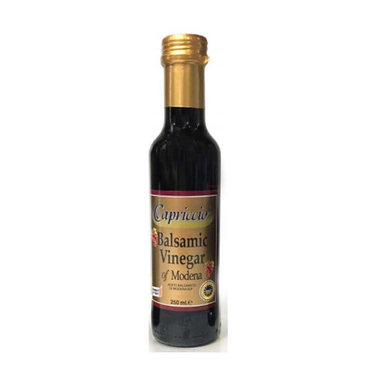 Bottle of Capriccio Balsamic Vinegar of Modena, 250ml, with a gold and burgundy label.