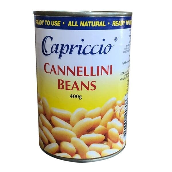 Capriccio Cannellini Beans can, 400g, with bean images, "ready to use" and "all natural" labels.