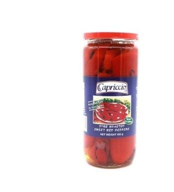 Jar of Capriccio fire roasted sweet red peppers, net weight 450g, with blue label.