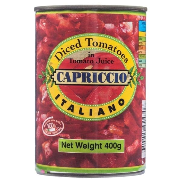 Capriccio Italiano diced tomatoes can in juice, 400g, with 100% Italian tomatoes.