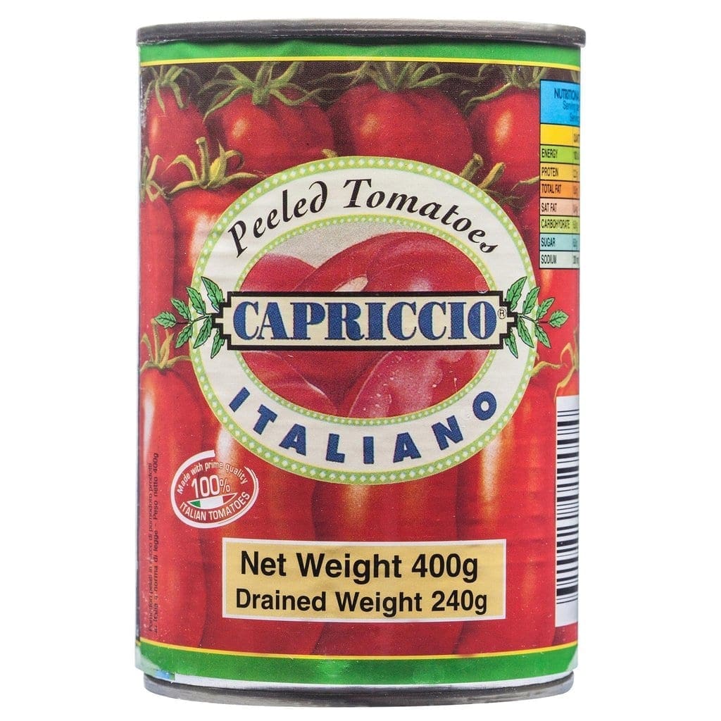 Can of "Capriccio Italiano" peeled tomatoes, net weight 400g, made with 100% Italian tomatoes.
