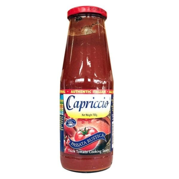 Glass bottle of Capriccio Passata Rustica, 700g, thick Italian tomato cooking sauce.
