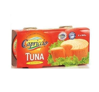 Capriccio tuna in olive oil packaging, red box, sliced tuna, lettuce, quality seals, two 160g cans.