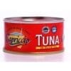 Red can of Capriccio tuna in olive oil, product of Sicily, Italy, with seal-like logos.
