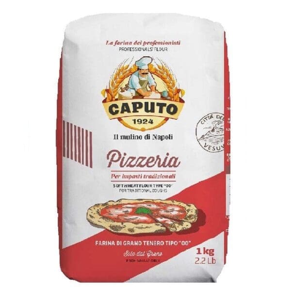 Caputo Pizzeria flour package, 1 kg, type "00" for traditional doughs, chef graphic.