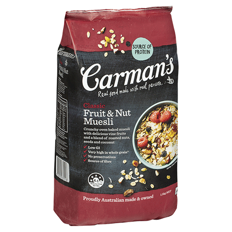 Carman's Classic Fruit & Nut Muesli package, high protein, low GI, Australian made.
