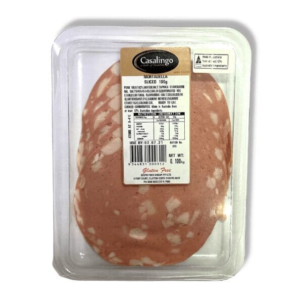 Casalingo mortadella slices in clear packaging, 100g, gluten-free, made in Australia.