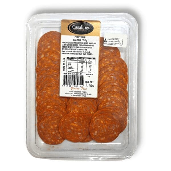 Plastic package of Casalingo pepperoni salami, 150g, gluten-free, made in Australia.